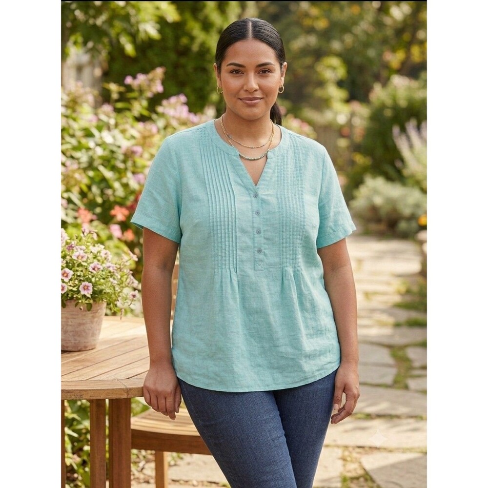 COLDWATER CREEK Blouse Womens 100% Linen Boho aqua Turquesa button-down size L